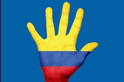 [ai] A hand silhouette painted in the colors of the Colombian flag (yellow, blue, and red) against a blue background.